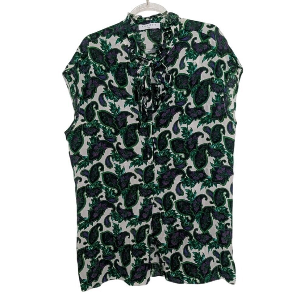 Sandro Paris Paisley Silk Top Womens Size 2 White Green Sleeveless Shirt